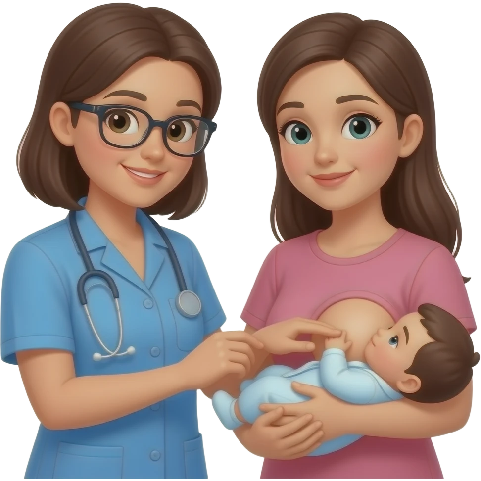 consejera de lactancia vestida con un  ambo ayudando a otra mujer a amamantar emoji