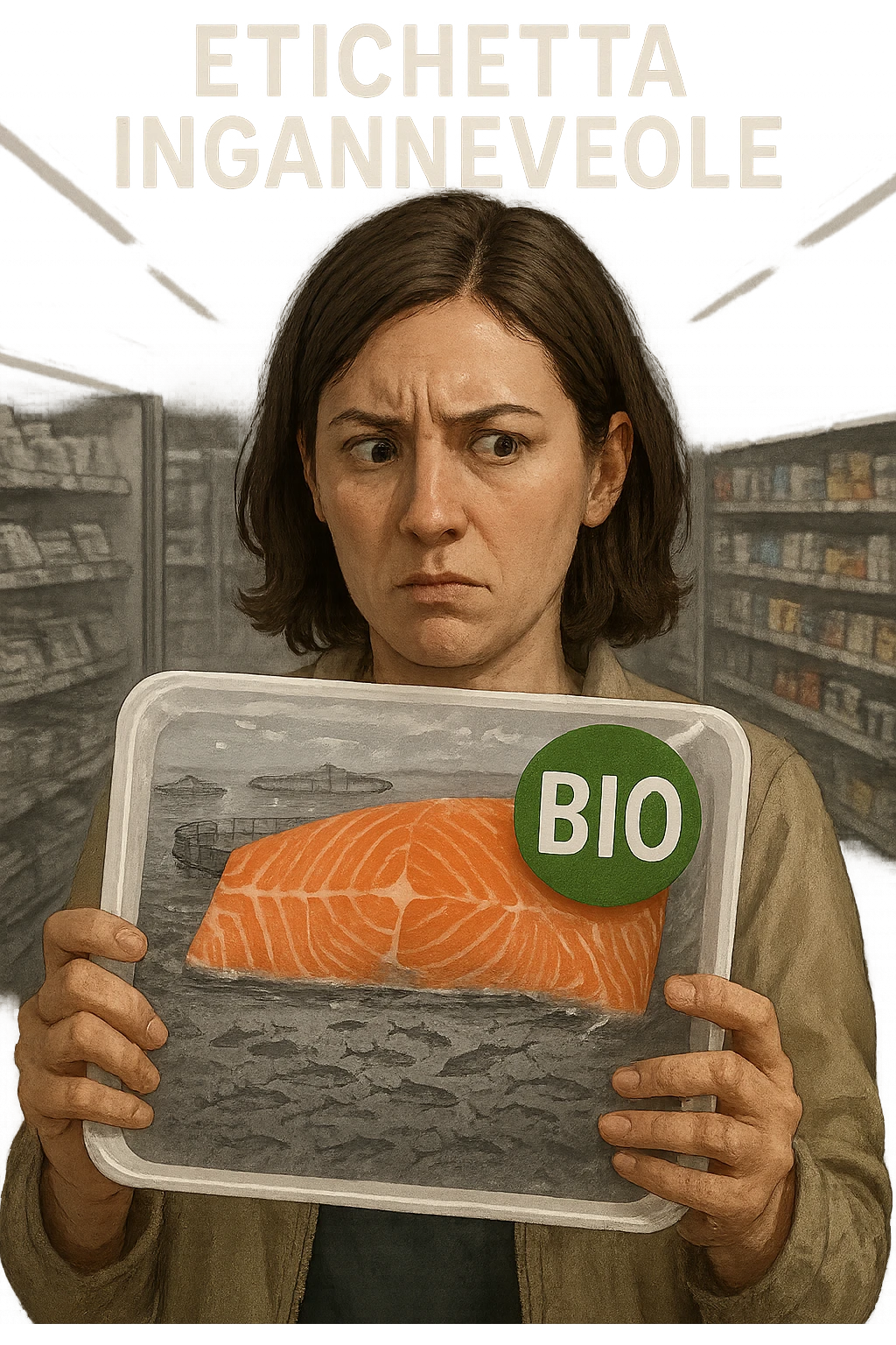 Scena in un supermercato moderno: uomo o donna tiene in mano una confezione di salmone etichettata 'BIO', con un grande bollino verde. Ma in trasparenza, dietro l’etichetta, si intravede un allevamento intensivo di salmoni in gabbie marine, acqua torbida e pesci ammassati. Espressione del cliente confusa e sospettosa. Sopra la testa, testo simbolico fluttuante: 'Etichetta ingannevole'. Colori contrastanti: confezione brillante ma realtà di fondo grigia e artificiale. Stile realistico con elementi simbolici forti realistico emoji