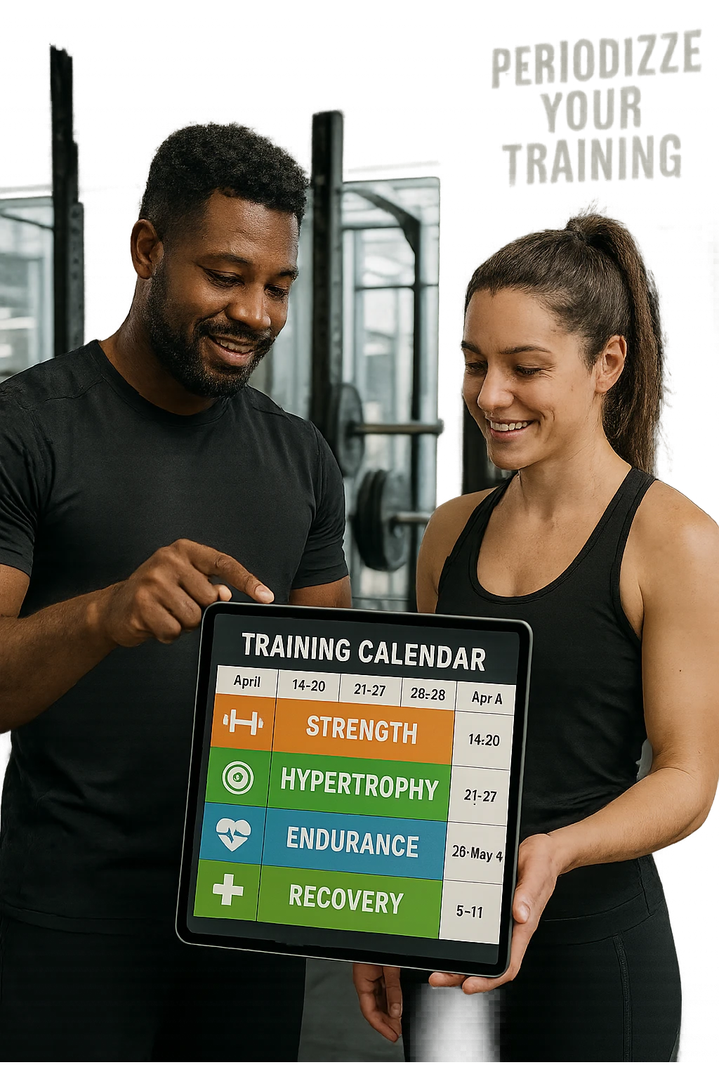 a personal trainer and a client stand in a modern gym, reviewing a large, color-coded training calendar or chart on a tablet. The calendar shows different phases (strength, hypertrophy, endurance, recovery) with icons and dates. Around them, gym equipment and motivational posters reinforce the idea of structured, periodized training. emoji
