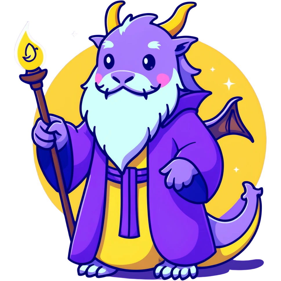 A wise old dragon wizard with a long beard, starry purple robes, and a glowing magic staff emoji
