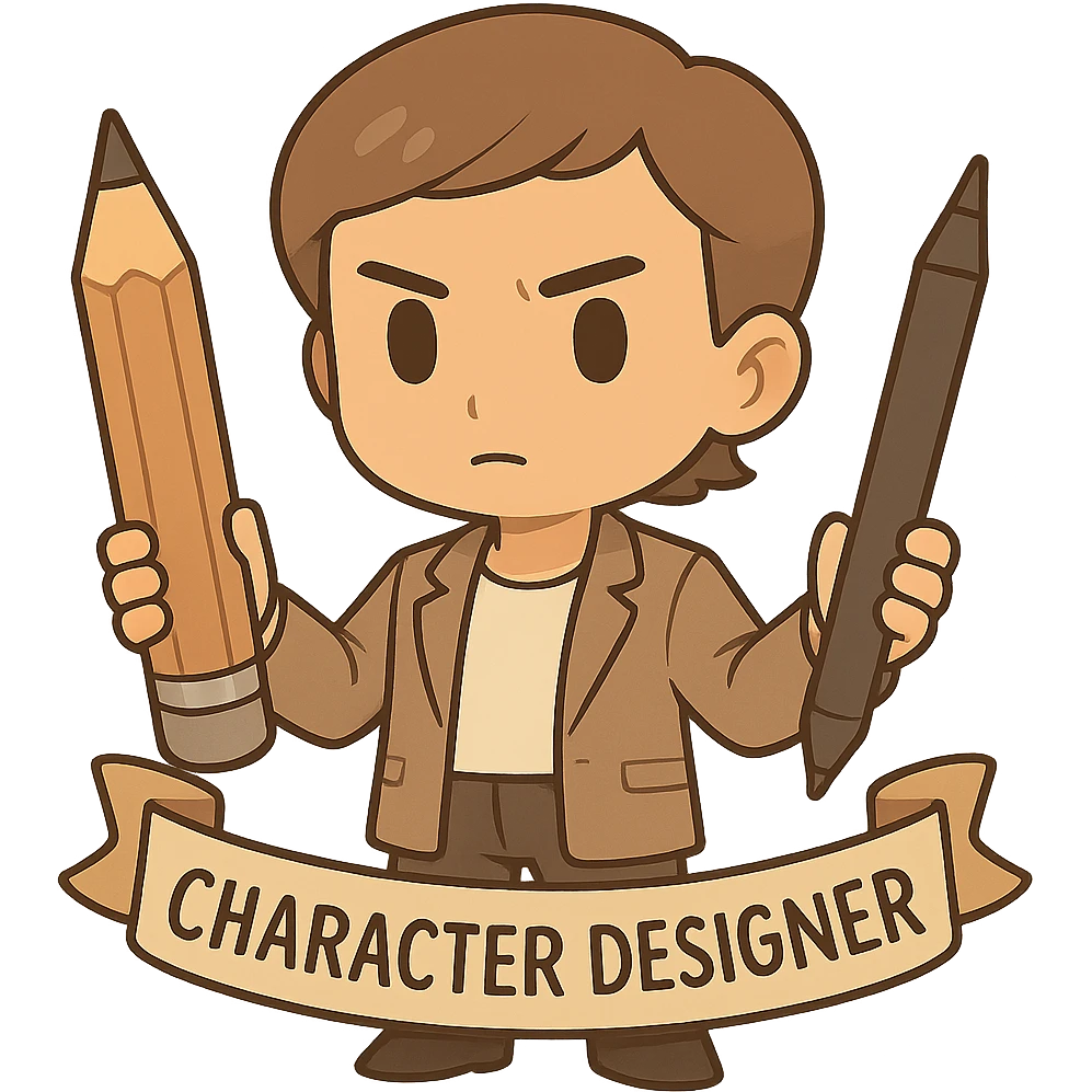 Make this chibi sticker character more serious and professional, keeping it gender-neutral. Give it a focused expression, sleeker art tools, and a more refined, modern look. No background. emoji