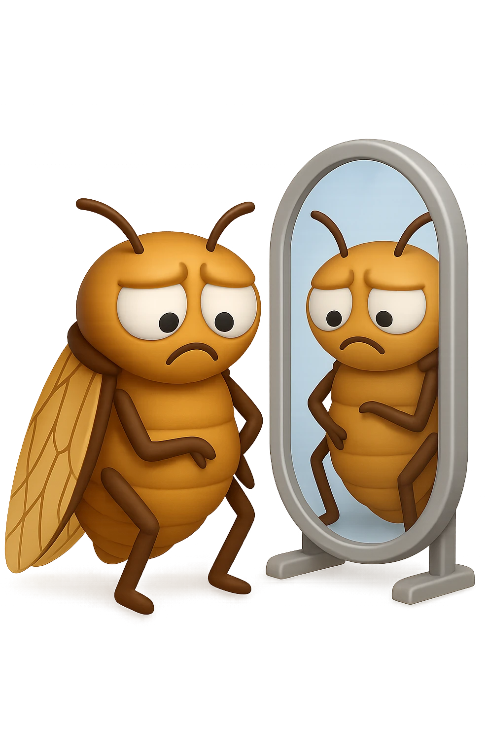EMOJI STILE IPHONE 3D DI una cicala troste che si guarda allo specchio insoddisfatta del suo fisico, fagli gli occhi bianchi , non solo la pupilla emoji