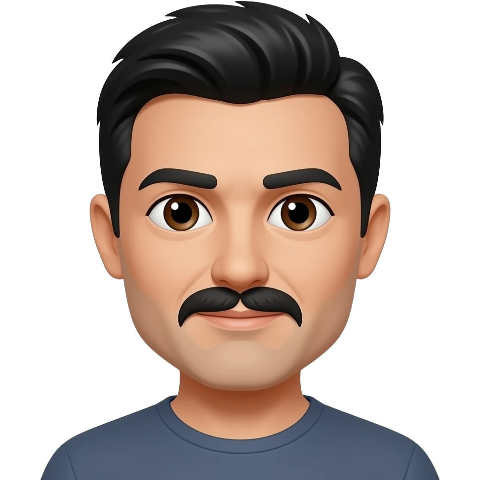 42 year old man with black hair and dark brown eyes with a black mustache emoji