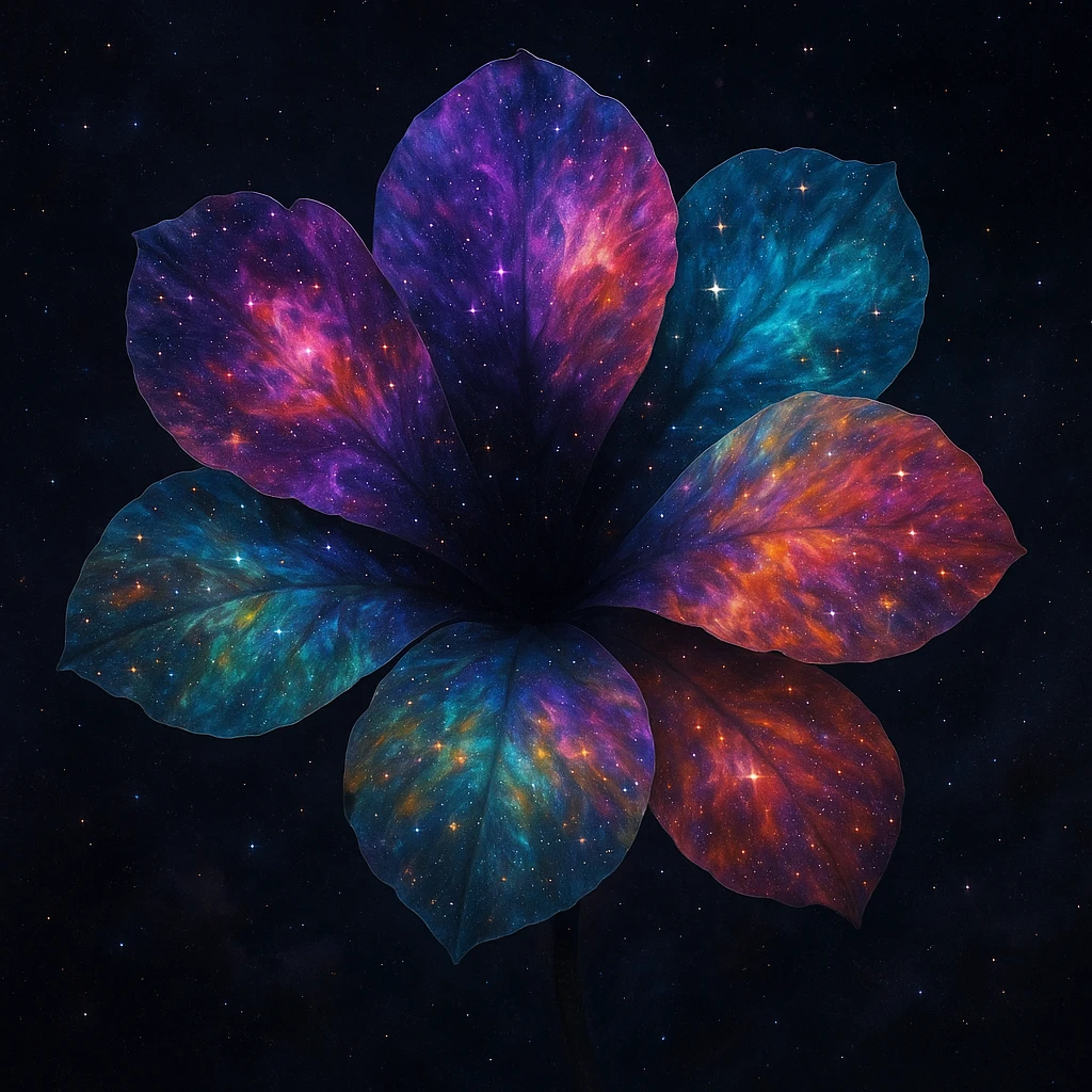 A single bloom where each petal is a different nebula pattern, with sparkling stars and a deep space background. emoji