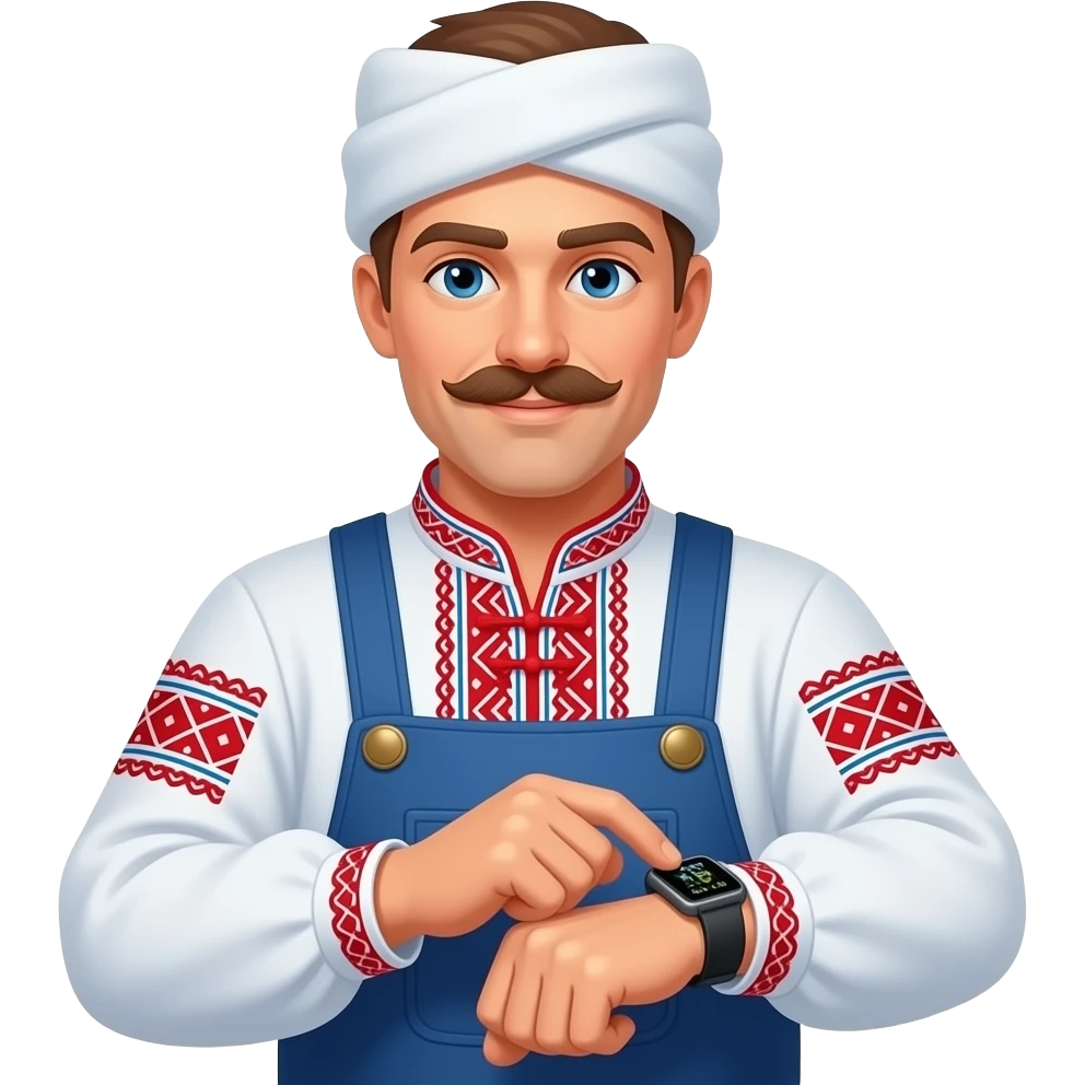 a russian farmer in national suit looking to apple watch wearing on hand for weather forecast emoji