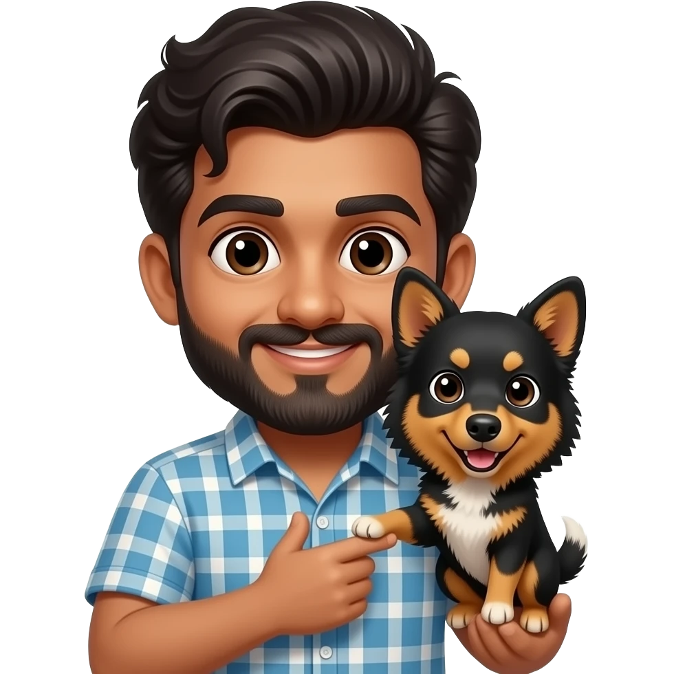 south indian young adult with beard playing with small black and brown australian kelpie emoji