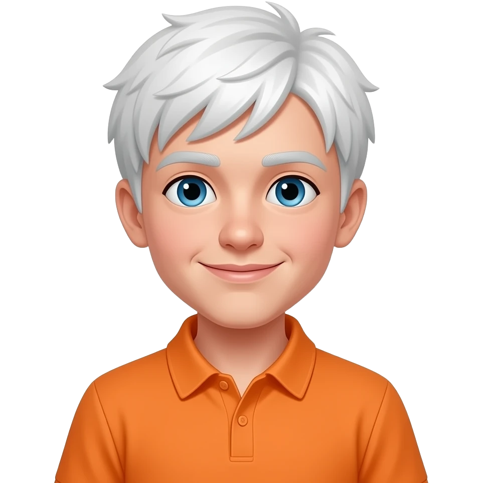 white boy with white hair covering his forehead and orange polo emoji