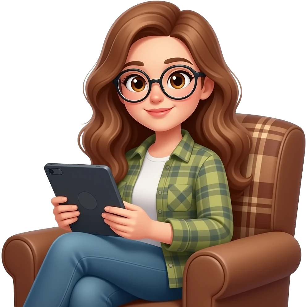detailed emoji illustration of a curvy woman with long light chestnut brown wavy hair, light brown eyes and round glasses sitting in a brown armchair with a planket scottish pattern in the back while reading on an e-reader tablet, cozy reading atmosphere, cute emoji style emoji