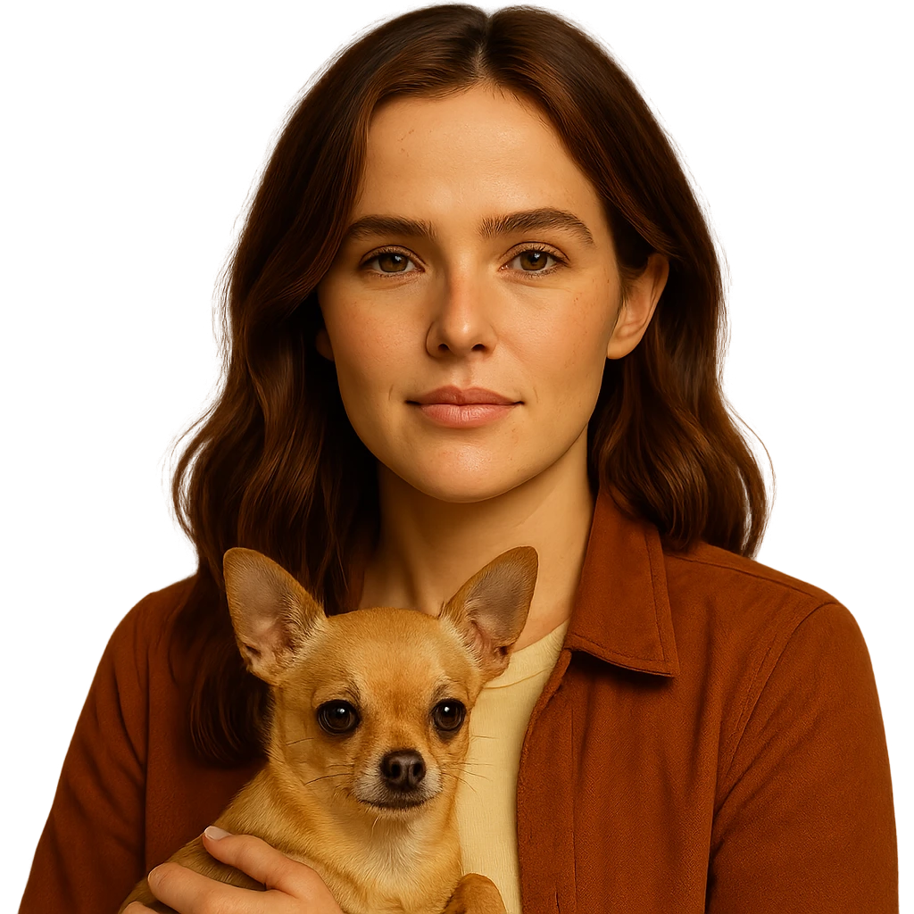 Portrait centered for Instagram profile picture inspired by facial features visible in the reference images of Zoe Deutch, with tanned skin, subtle freckles, wearing a shirt color #FFF8CA and a rust-colored jacket, medium-length brown hair with auburn highlights, soft and soothing expression, holding an expressive and cute beige-brown chihuahua. Style inspired by a Netflix series, intimate and expressive atmosphere inspired by Tenerife, transparent background. emoji