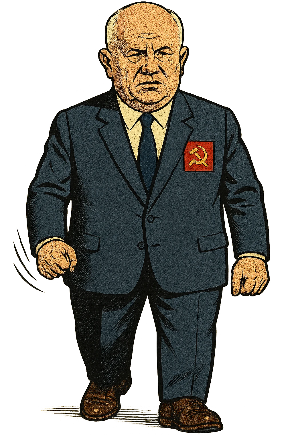 The full body of a male middle aged Russian leader who looks like Nikita Khrushchev wearing a suit with the community party logo and looking seriously emoji