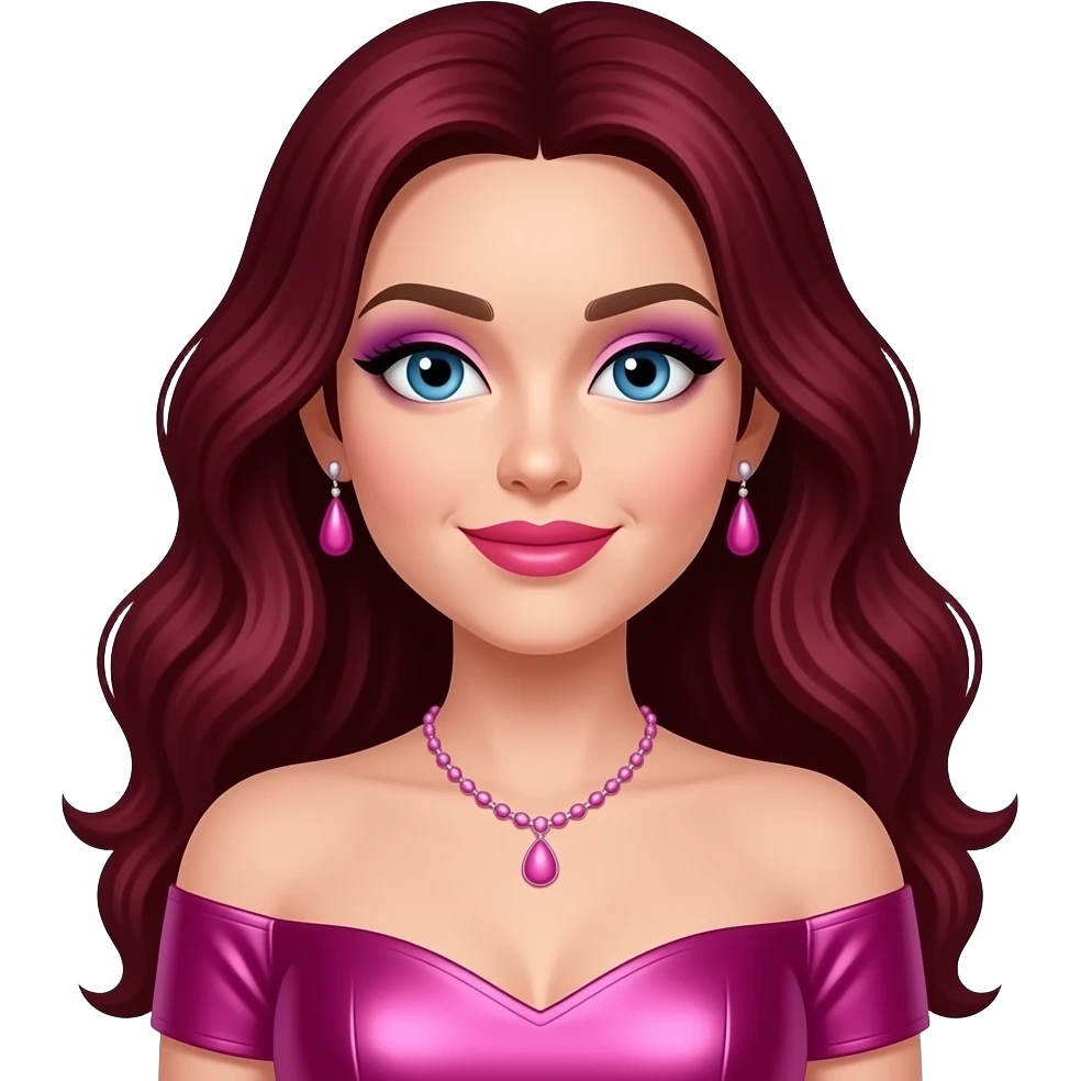 Chappell Roan, Pop Singer (b.1998) with blue eyes, long dark red wavy hair, lavender eyeshadow, hot pink lipstick, hot pink metallic off shoulder dress, pink necklace and earrings emoji