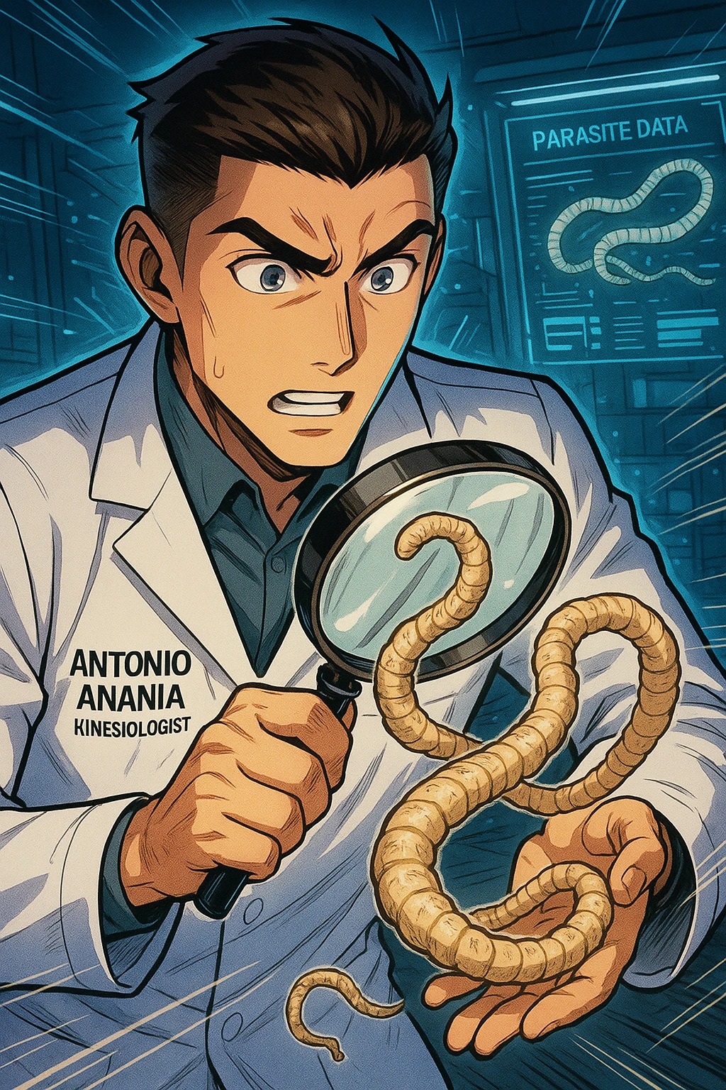 A dynamic manga/webtoon-style illustration of a young male kinesiologist wearing a clean white lab coat, analyzing light beige worms like a tapeworm under a magnifying glass. His expression is focused and slightly intrigued, with sharp, detailed eyes. The art style is vibrant, with bold linework, rich colors, and dramatic lighting. The background is a futuristic laboratory with glowing holographic screens displaying parasite data. The tapeworm is intricately drawn, slimy and segmented, with a slightly exaggerated yet realistic texture. The composition is dynamic, with motion lines or energy effects to emphasize his scientific investigation. The atmosphere is intense but not dark, keeping a balance between scientific seriousness and stylish manga aesthetics, he has "ANTONIO ANANIA" WRITTEN ON WHITE LAB COAT emoji