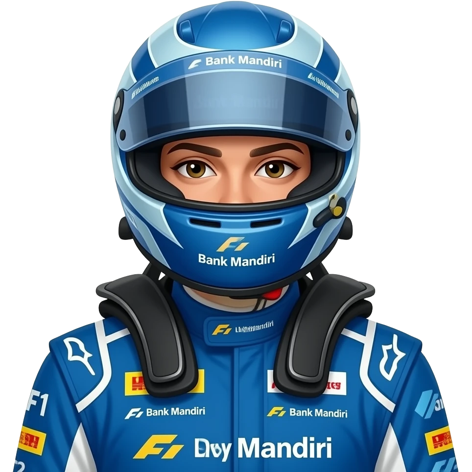 create a f1 girl with blue costume, showing sponsored in costume with logo bank mandiri & livin by mandiri, using helm closing the mouth emoji