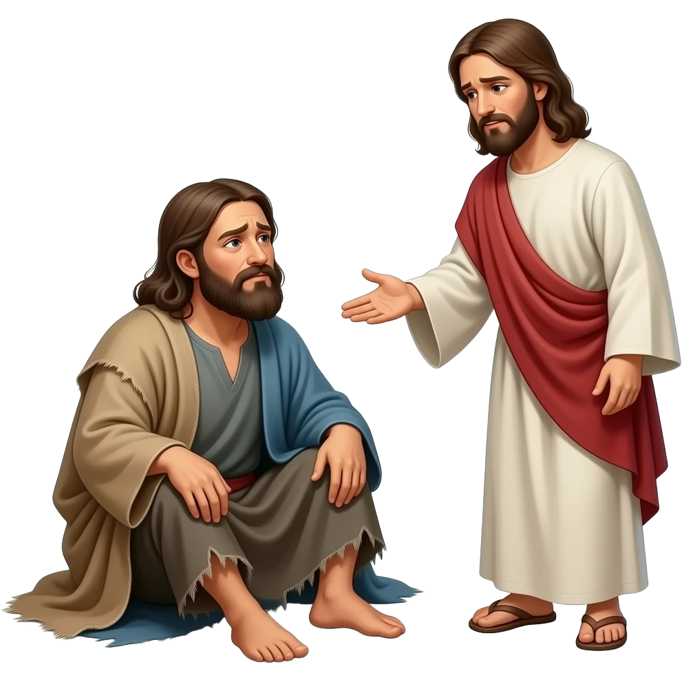 A full bodied crippled man Who is poor sitting on the ground unable to walk and dress in tattered biblical clothing and Jesus stops to talk to him emoji
