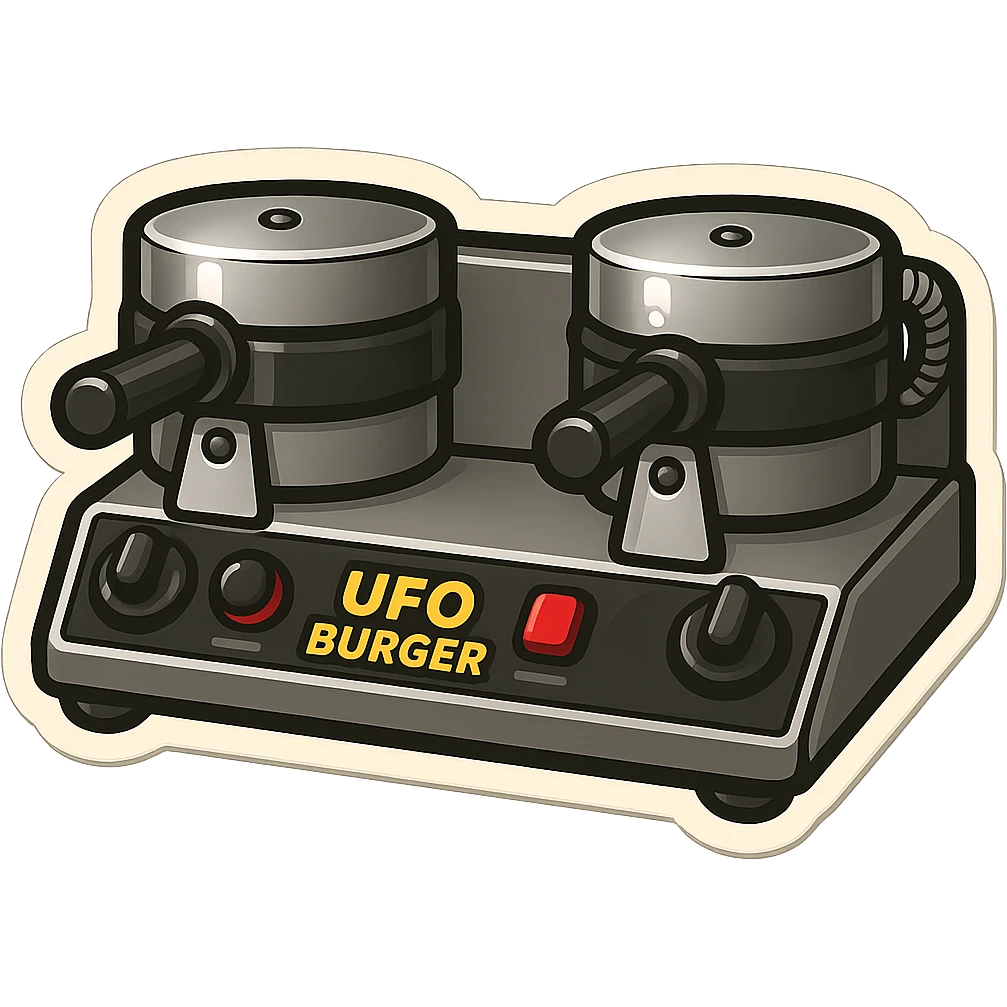 Create a cool emoji of the UFO Burger product in a metallic cartoon style. Include the recognizable double press machine with the 'UFO BURGER' label. Make the emoji compact, bold, and emoji-like with a clean outline and a touch of shine, preserving the metallic look and cartoon charm. emoji