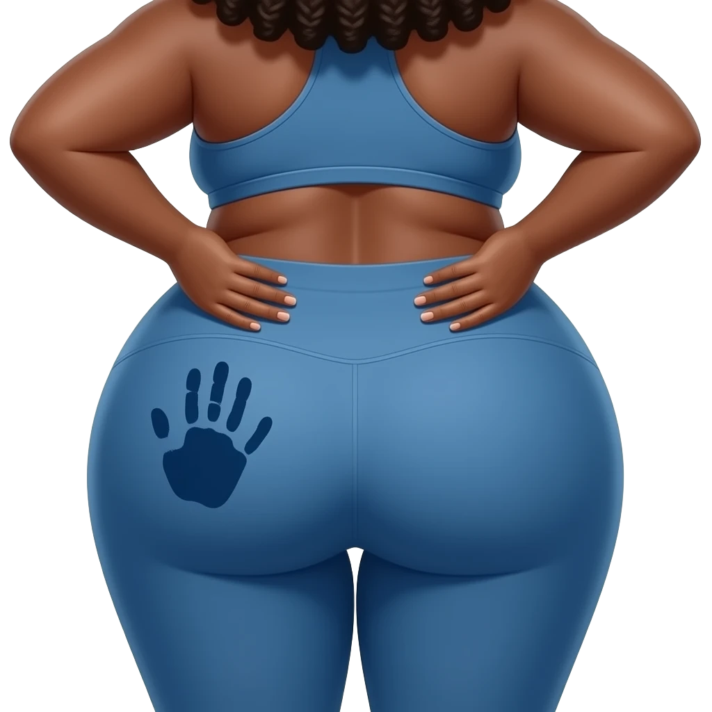A extremely wide and fat blue big booty African showing her yoga pants back her buttocks with putting her hands behind the wall with a dark blue colored hand print on her left buttocks emoji