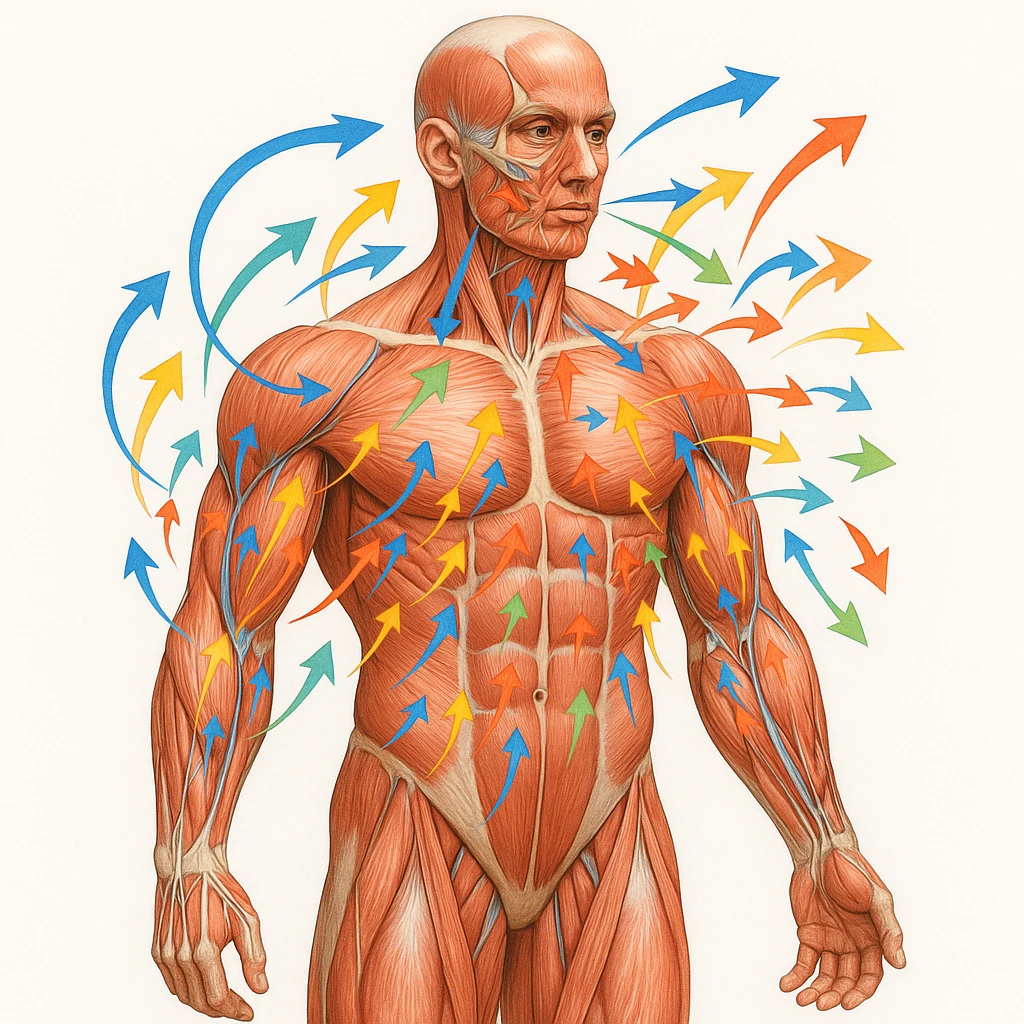 hyper realistic illustration of human body with large and small muscles highlighted, colorful arrows connecting muscles symbolizing hypertrophic growth physiology, anatomical details, educational atmosphere, white background emoji