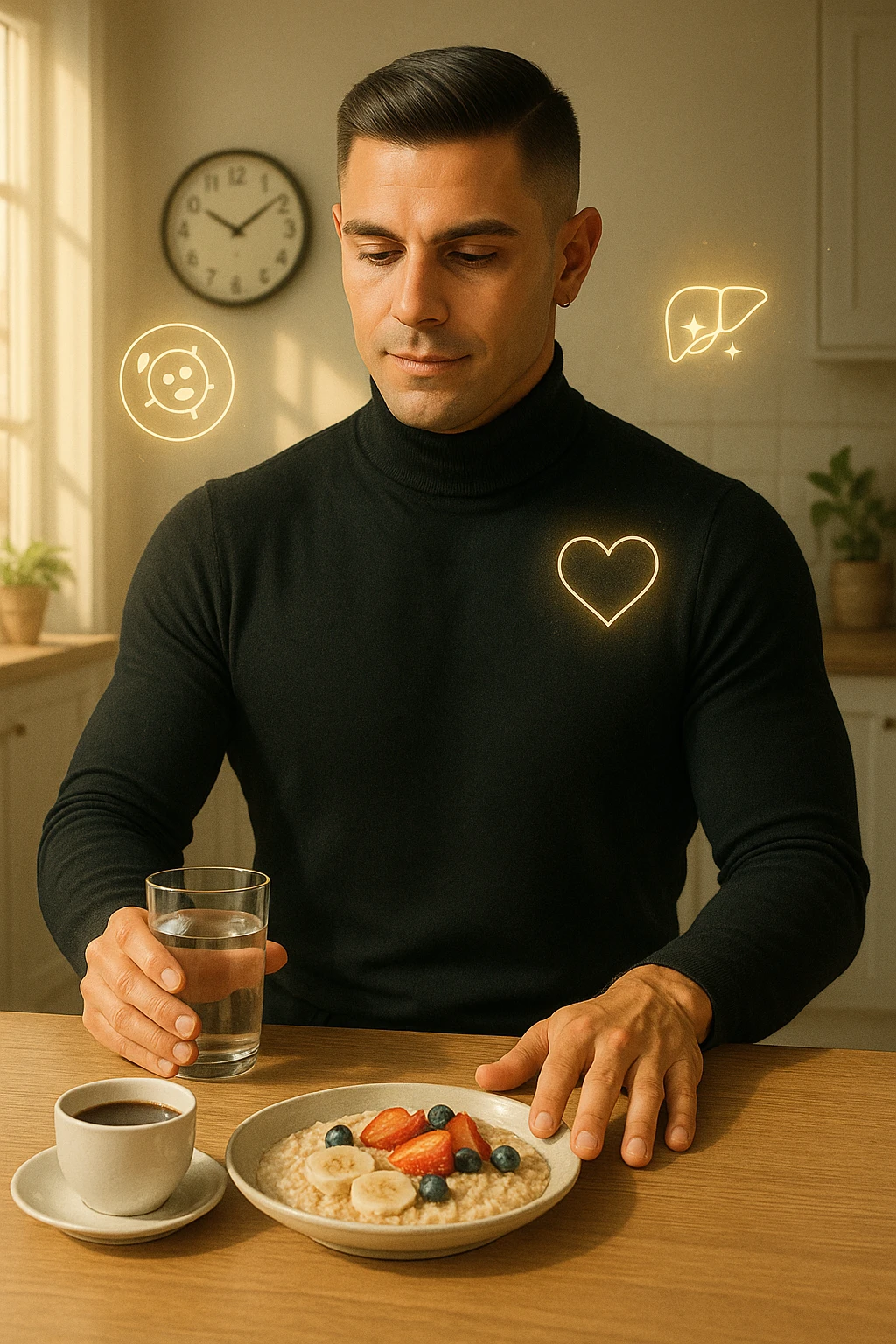 A realistic, cinematic illustration of a man in his early 30s with a fit, healthy appearance, standing in a bright kitchen in the morning. The kitchen table has a prepared but untouched healthy breakfast (oatmeal, fruit, coffee) on it, while the man, with a calm and focused expression, gently pushes the plate away with one hand while holding a glass of water in the other. A wall clock in the background shows 8:00 AM, indicating the morning fasting window, while sunlight streams in, illuminating the scene. Subtle glowing icons of a regenerating cell, a clean liver, and a heart float softly around him, symbolizing the health benefits of intermittent fasting. The atmosphere is clean, minimal, and motivating, showing that the man chooses intermittent fasting consciously for health, clarity, and energy rather than weight loss alone. The color palette is warm, with natural light and a slight film grain for depth emoji