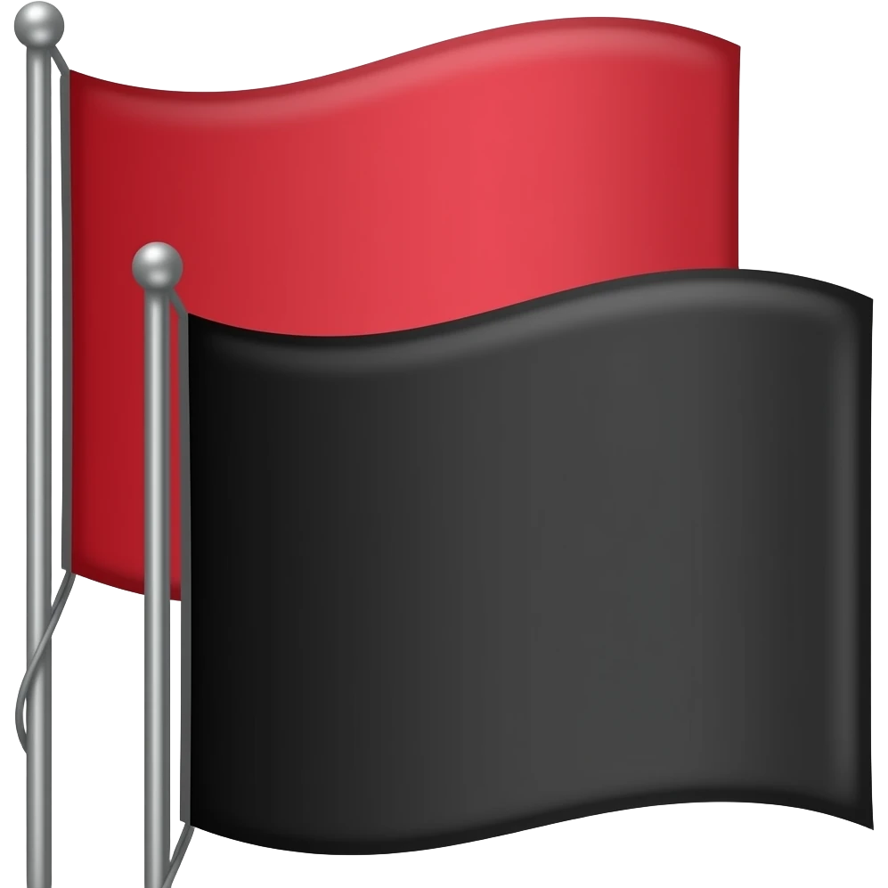 ios style emoji. two tall, rectangular flags pointing left. the black one is slightly bigger and higher up. a black one on the front and the red one on the back. emoji