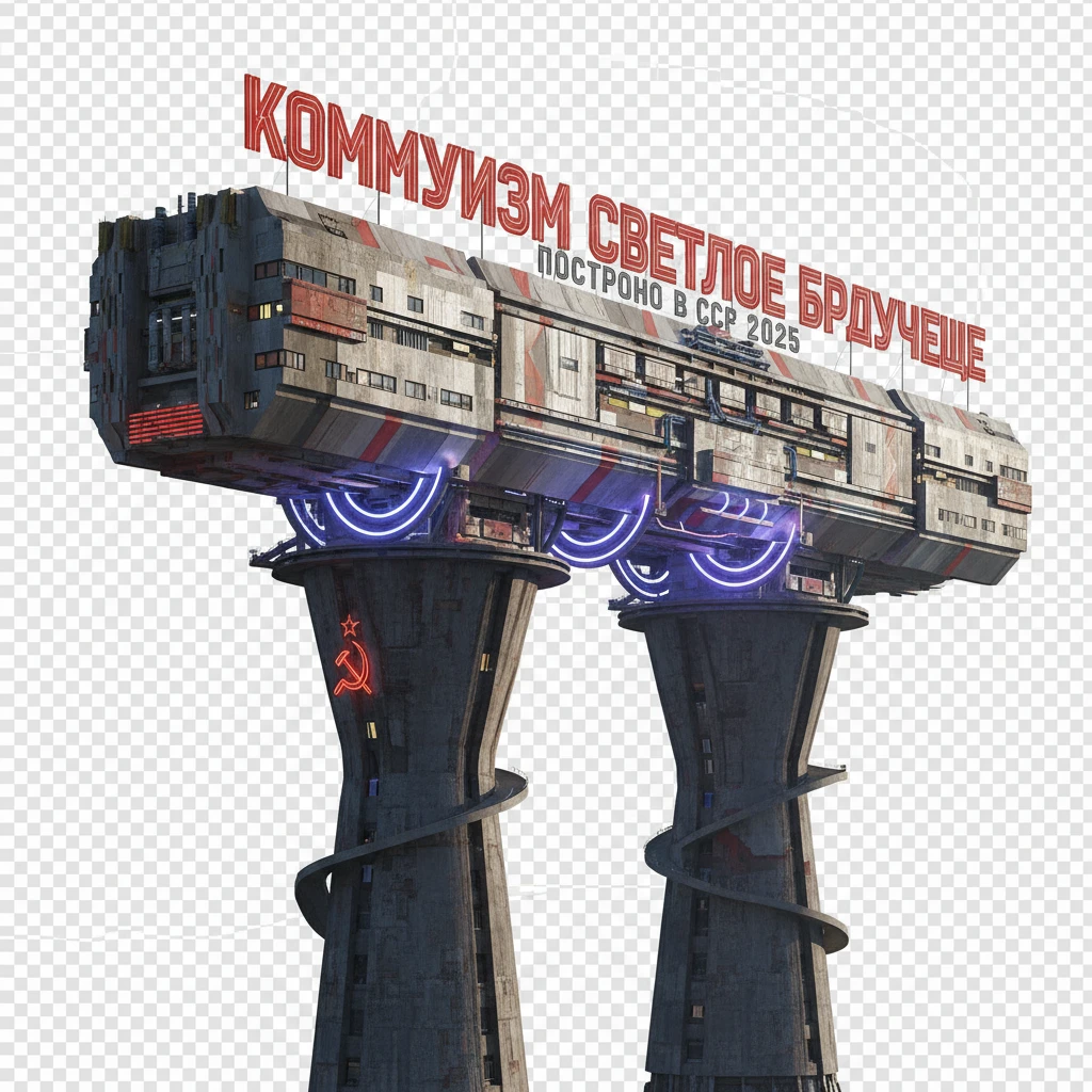 Удлиненная панелька в стиле ретро-футуризма конструктивизма, если бы ее строили в позднем СССР в 2025 году. Стоит на двух высоких небоскребах, которые как опоры держат ее на себе.

Фотореализм. Абсолютно прозрачный фон emoji