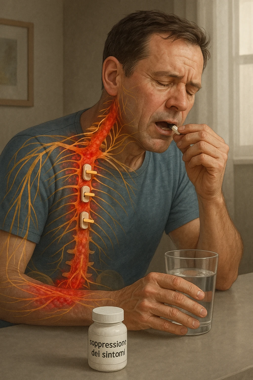 Realistica Man taking pain medication for chronic back pain, pills shown as dimmer switches turning down pain signals in transparent nervous system overlay, underlying spinal damage remaining completely untreated and worsening, expression of temporary relief masking progressive deterioration, medication bottle labeled 'symptom suppression' not 'cure', root cause inflammation continuing to spread in italiano emoji