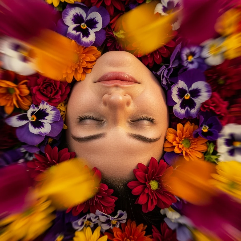 Camera drom top, Motion blur Extreme Closeup photo of a beautifull woman lay around beautifull colorfull flowers, cinematic light, 8K, very detailed, sharp, depth (foreground, midground, background) emoji