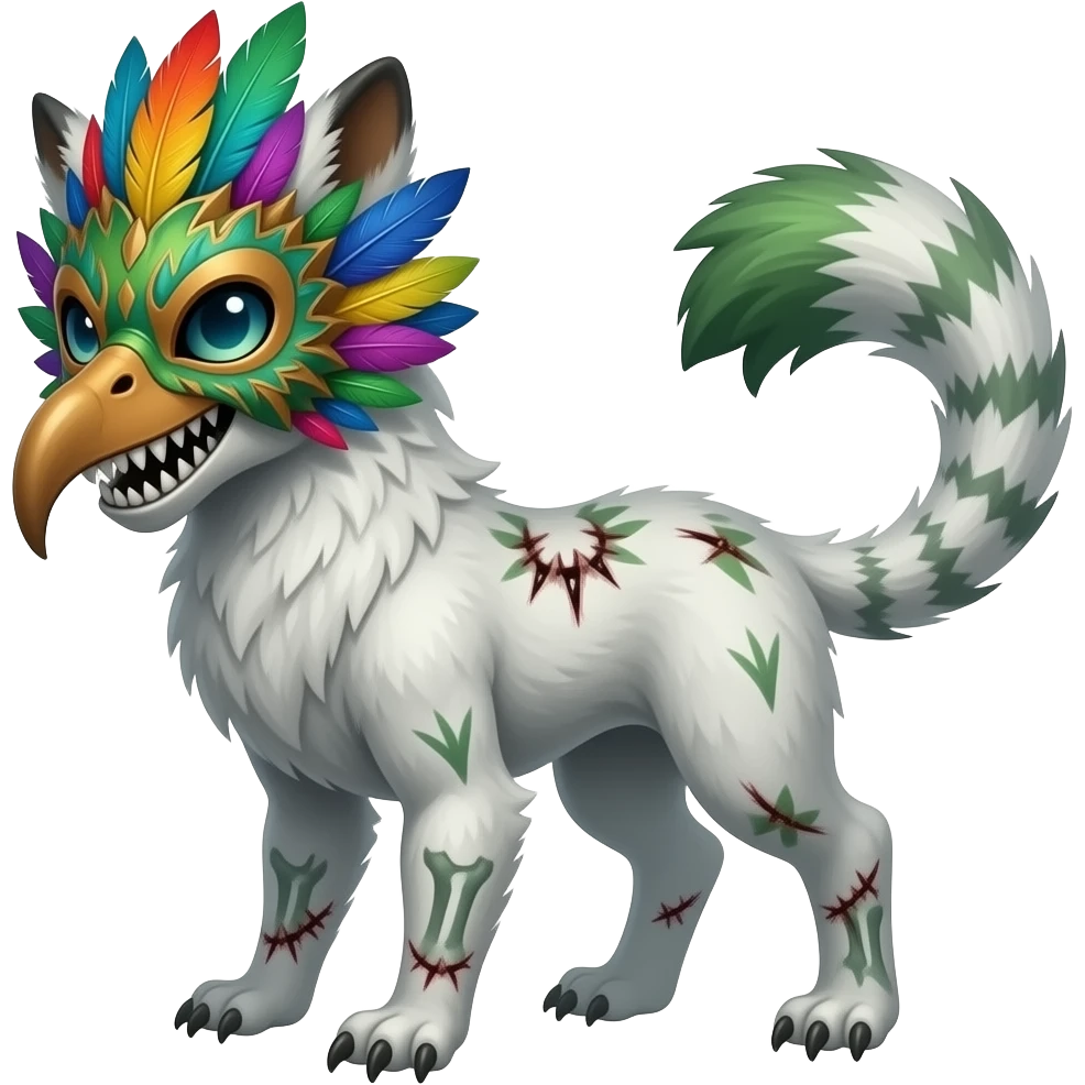 Tropical colorful feathered-masked bleak swampy white-skeletal gloomy dark pale albino foggy eldritch beautiful realistic edgy fantasy ghoul-like stitched vernid-sergal-fursona animal creature with a tufted tail full body with intricate markings emoji
