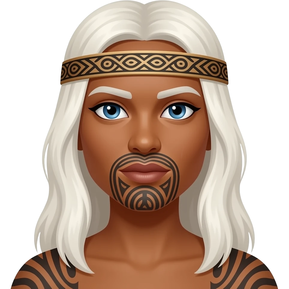 Maori warrior female with tribal moko Kauwae on chin only dark skinned Taniko headband long white blonde hair and blue eyes emoji