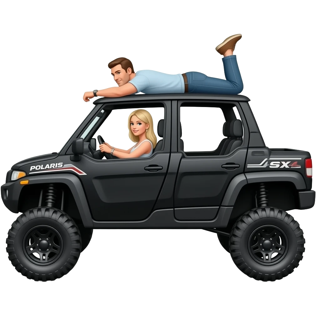 Black side view sxs 4 door Polaris ranger sxs  lifted super high with mom (blonde) and driving  and dad laying on top of roof  on his belly playing emoji