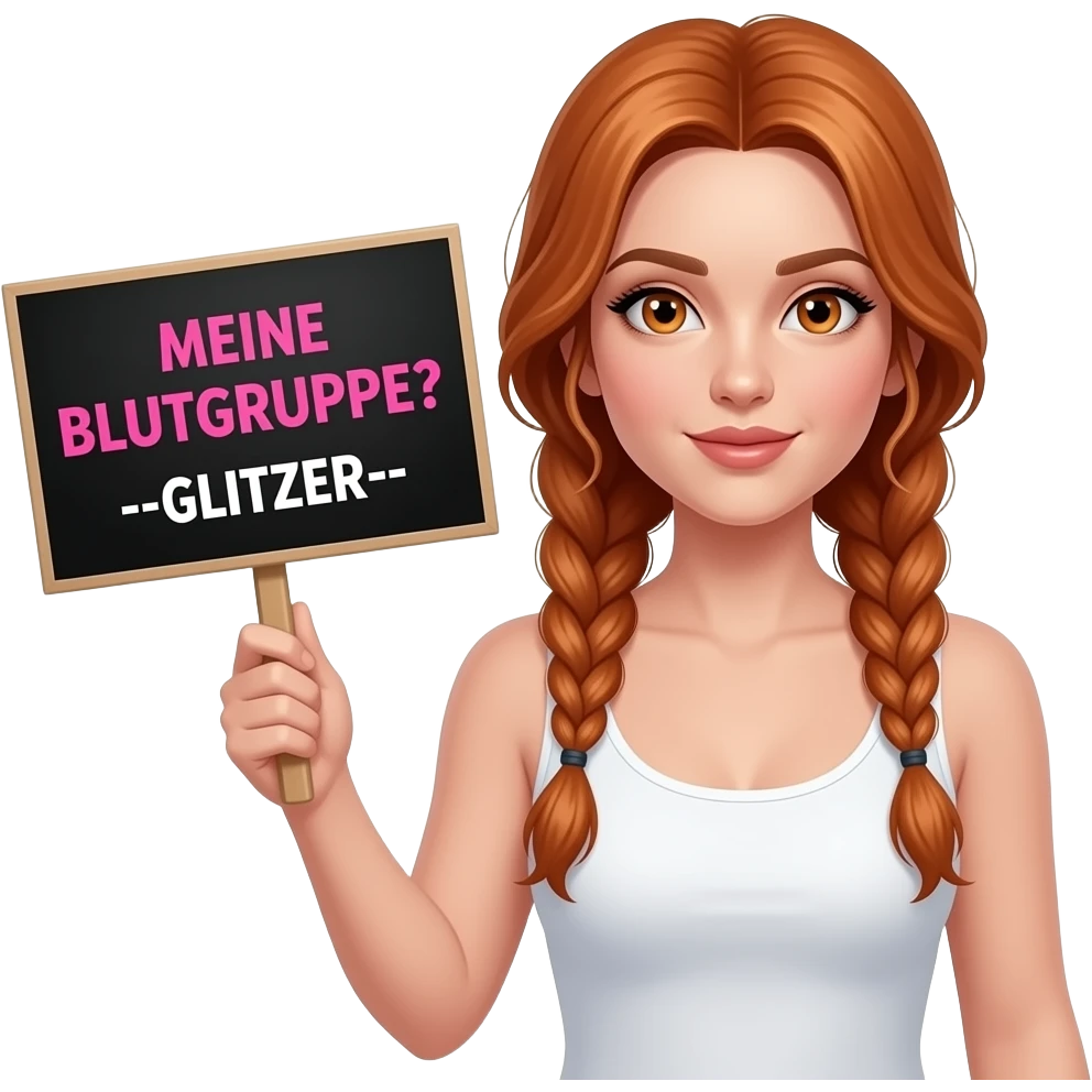 sexy girl with long ginger braids and ginger eyes wearing a white tanktop is holding a black sign with MEINE BLUTGRUPPE? --GLITZER-- written on it emoji