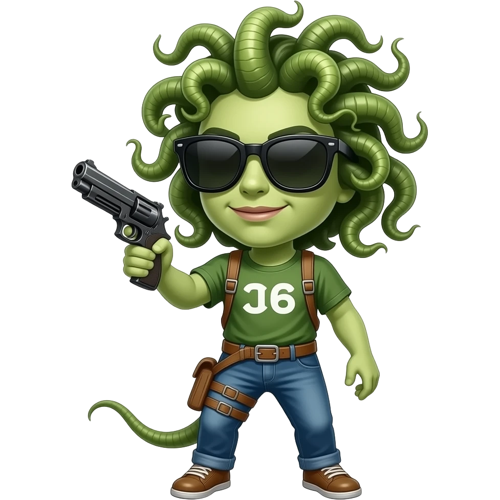 Medusa with sunglasses holding gun emoji