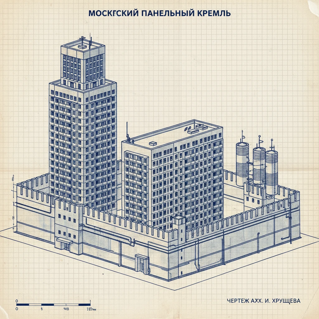 Московский Кремль, но как будто его скрестили с панельками Хрущева.

Все в стиле реальных документальных чертежей  emoji