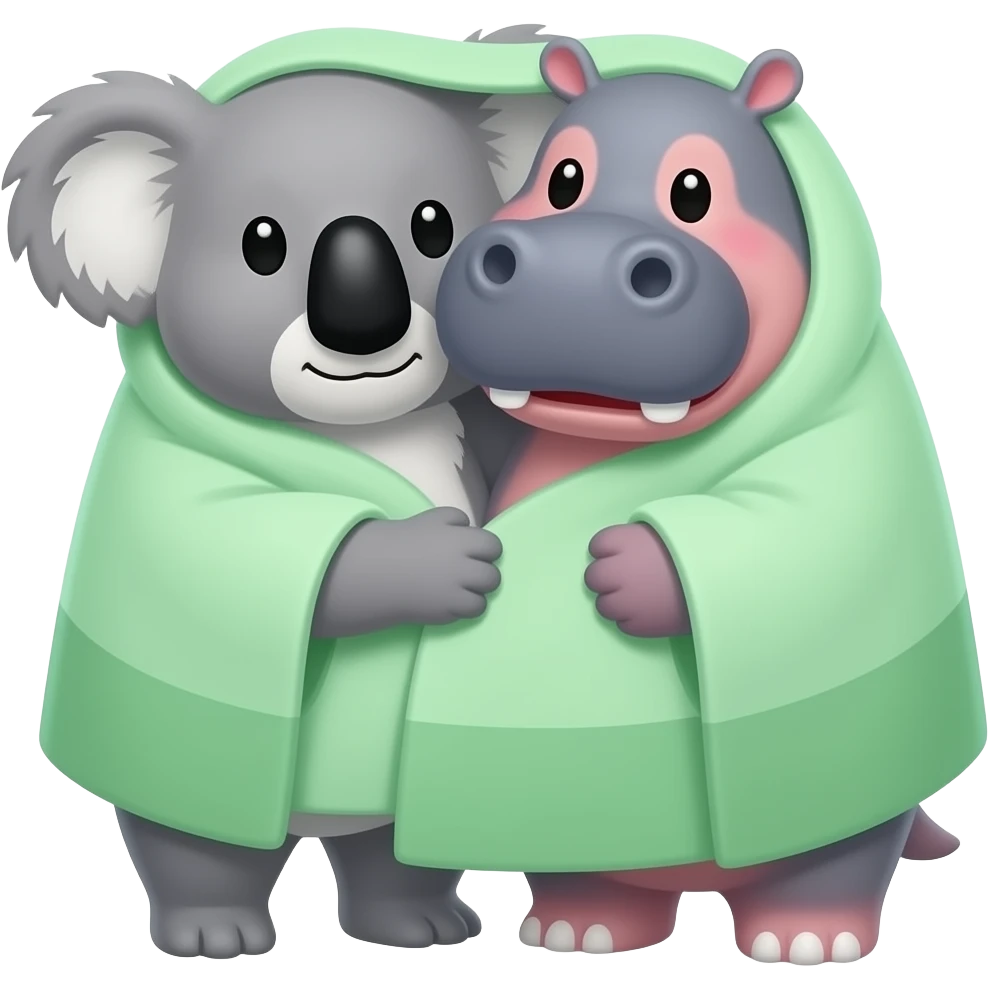 koala and hippo hugging under light green towel  wrapped around them emoji