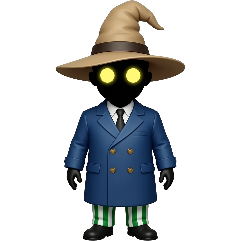 pitch-black face illuminated only by two glowing, circular yellow eyes. He wears a tall, floppy tan wizard’s hat, a bulky blue double-breasted coat, and distinctive green-and-white striped balloon trousers. emoji