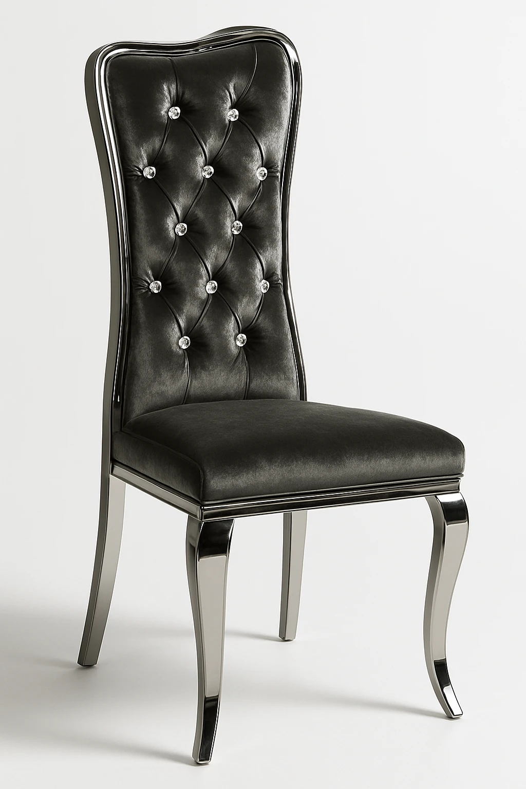 a stylish dining chair featuring crystal details, high back, and glossy finish, glamorous style emoji