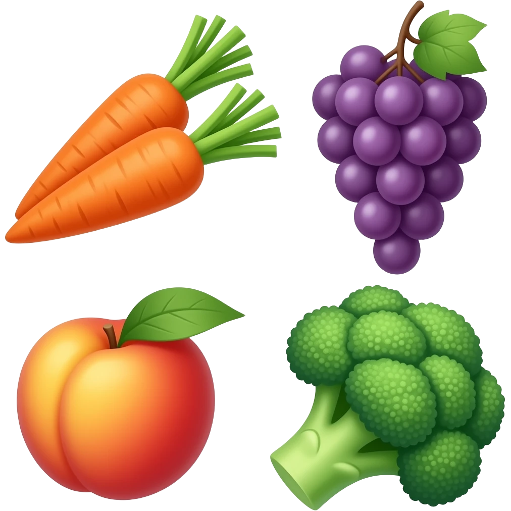 Carrots, grapes, peach, and bloccoli emoji
