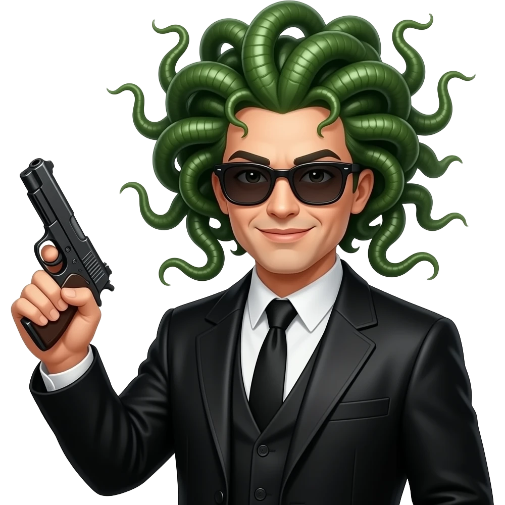 Snarky beautiful Medusa in black coat with sunglasses holding gun emoji