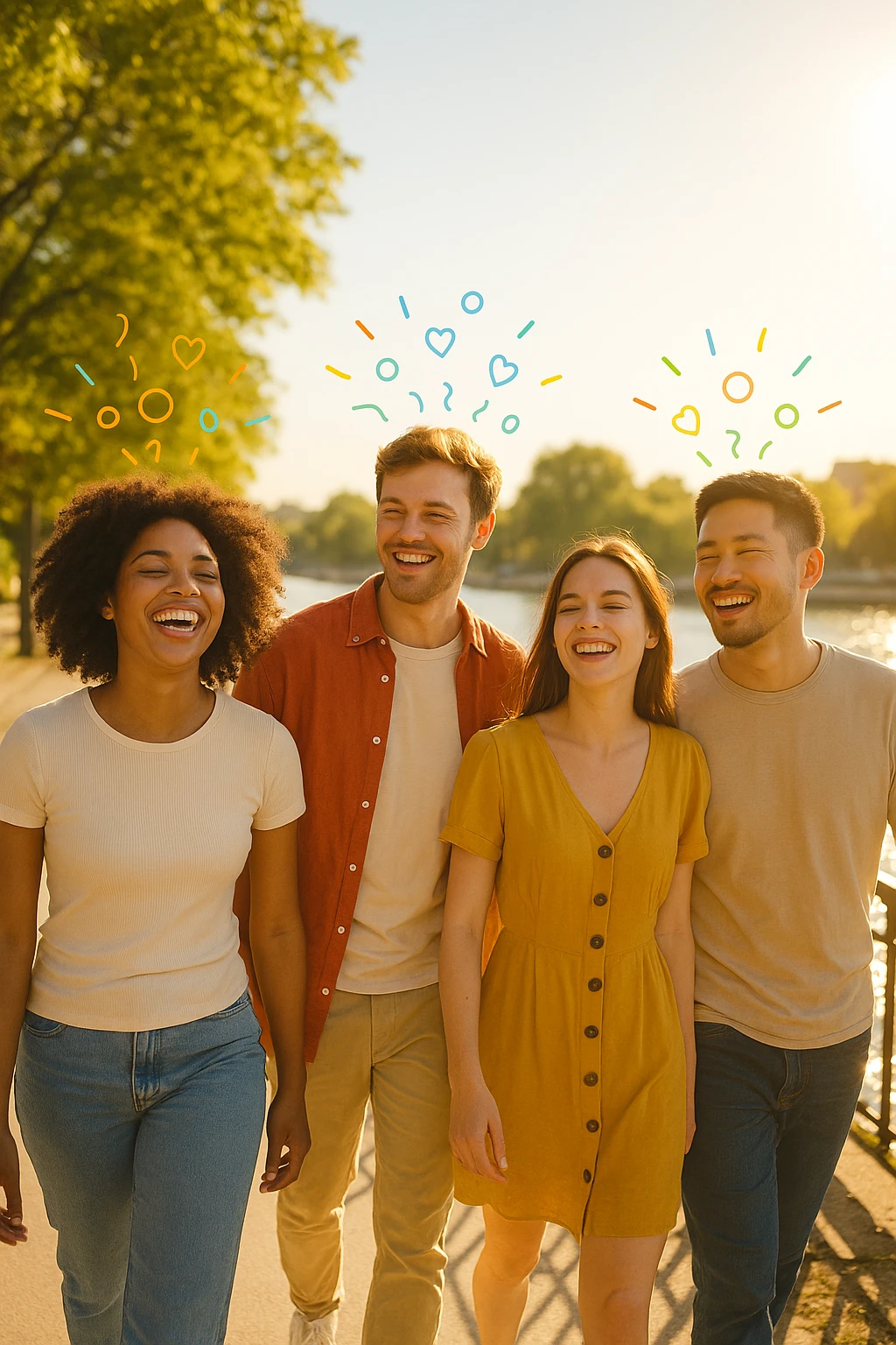 a group of friends strolls along a riverside promenade on a bright, sunny day. Their expressions are joyful and relaxed, and the sunlight creates a warm, golden glow. Above them, faint, colorful lines or icons represent the release of beneficial dopamine. The background is vibrant and full of life. emoji