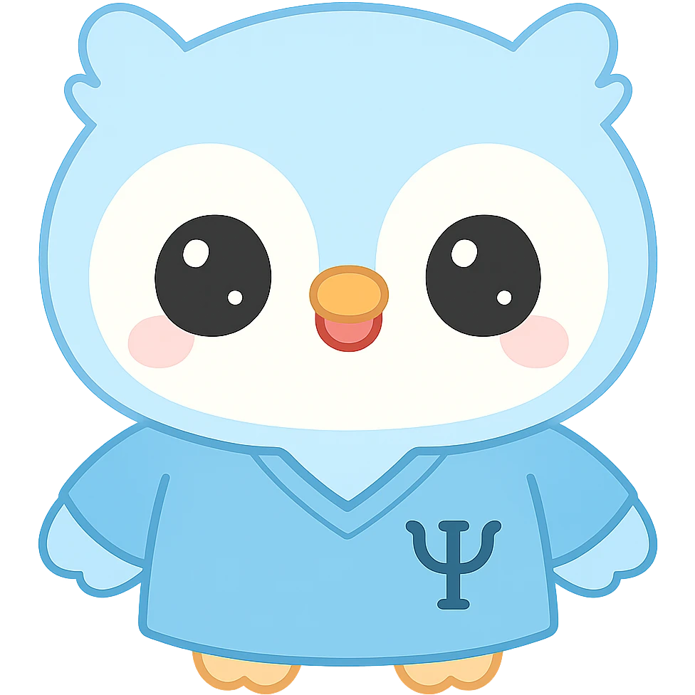 Change the baby owl's uniform to a blue psychology scrub, keeping the kawaii style, with a transparent background. emoji