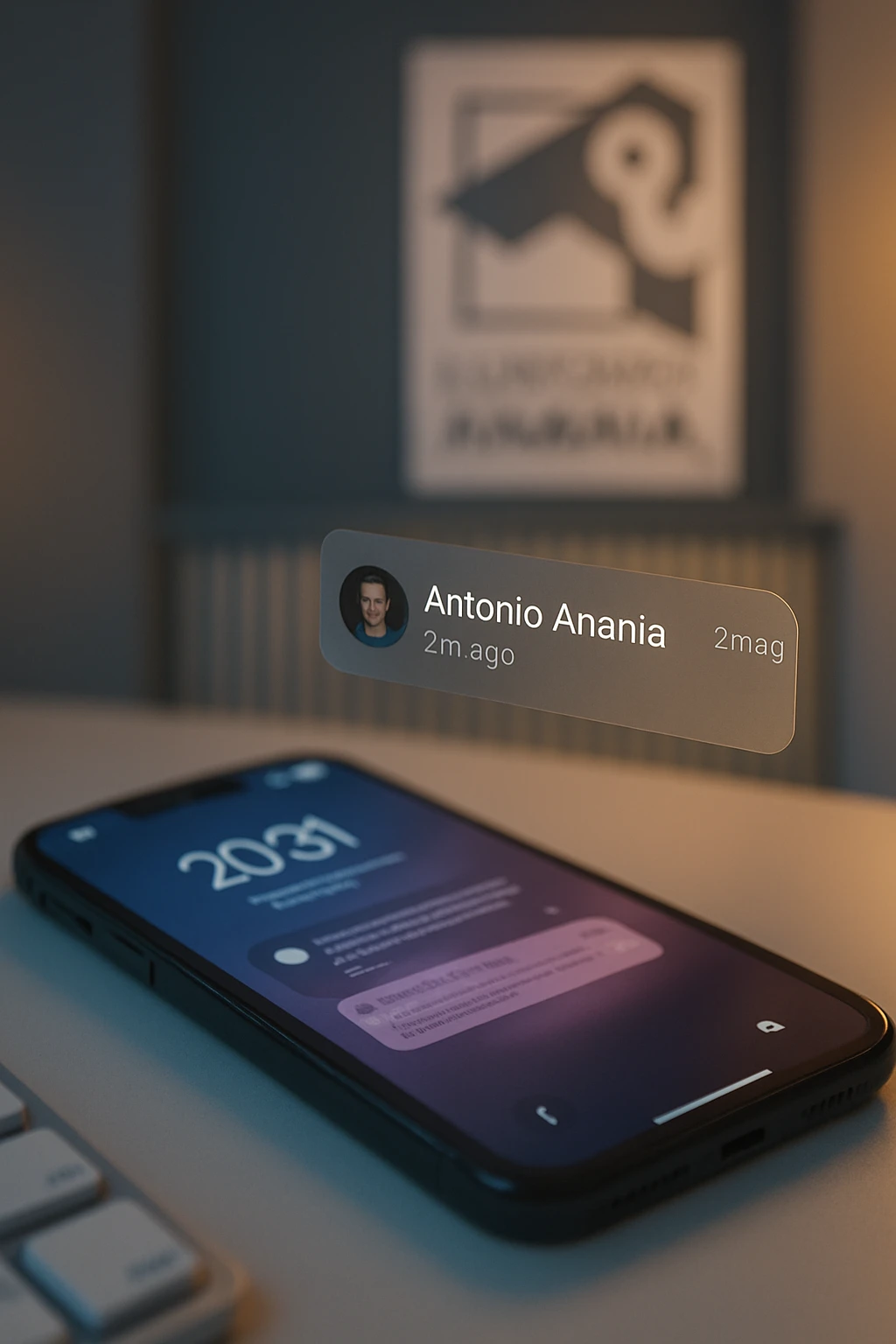 A photo of an iPhone with the message "Antonio Anania" on its scree, both surrounded by soft light and shadow. The phone sits atop a desk with a blurred background that suggests work environment. A faint glow from above casts gentle shadows across the surface of each object, creating depth and highlighting their textures. emoji