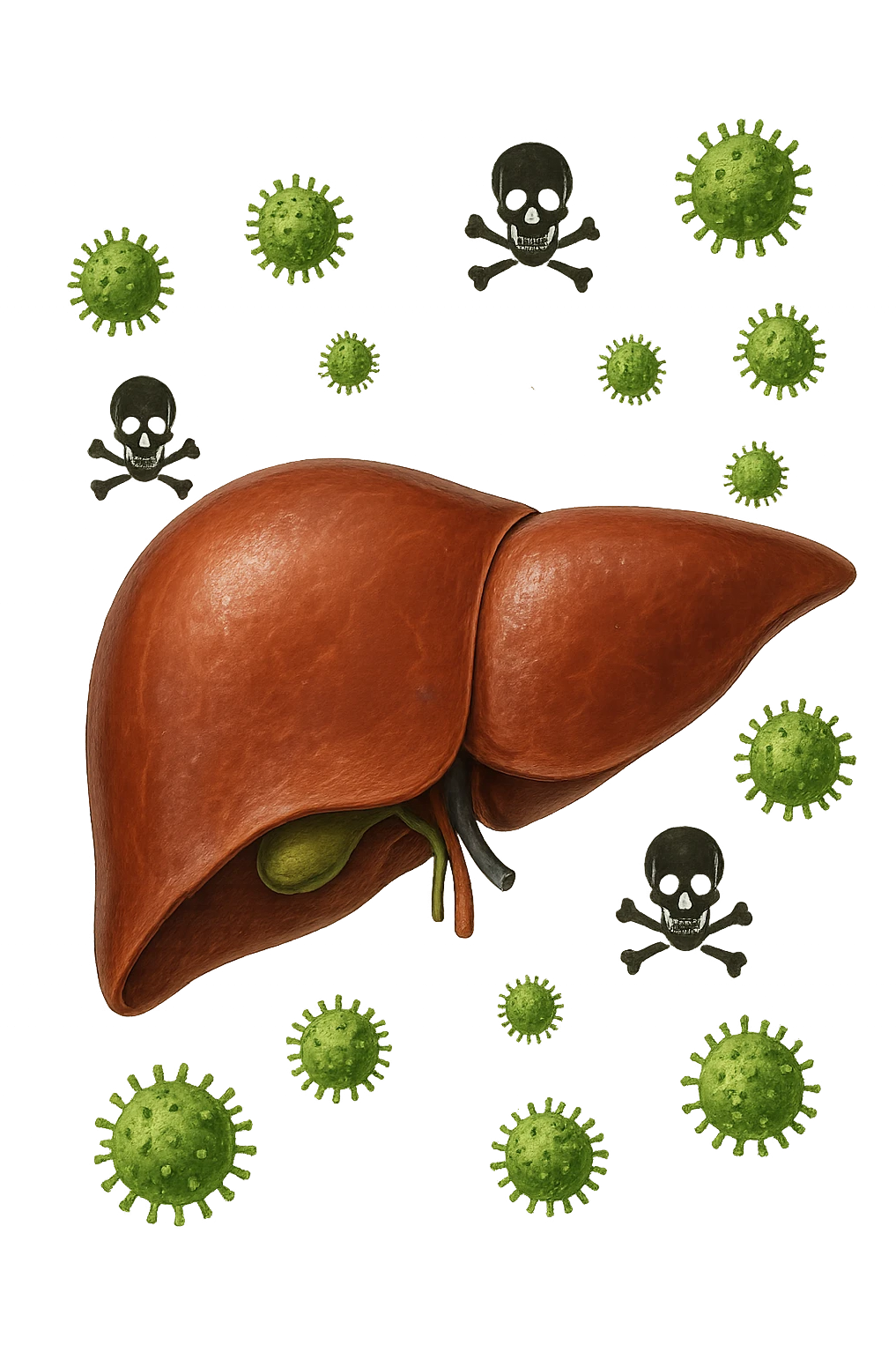 fegato umano anatomico con tossine che gli fluttuano intorno emoji