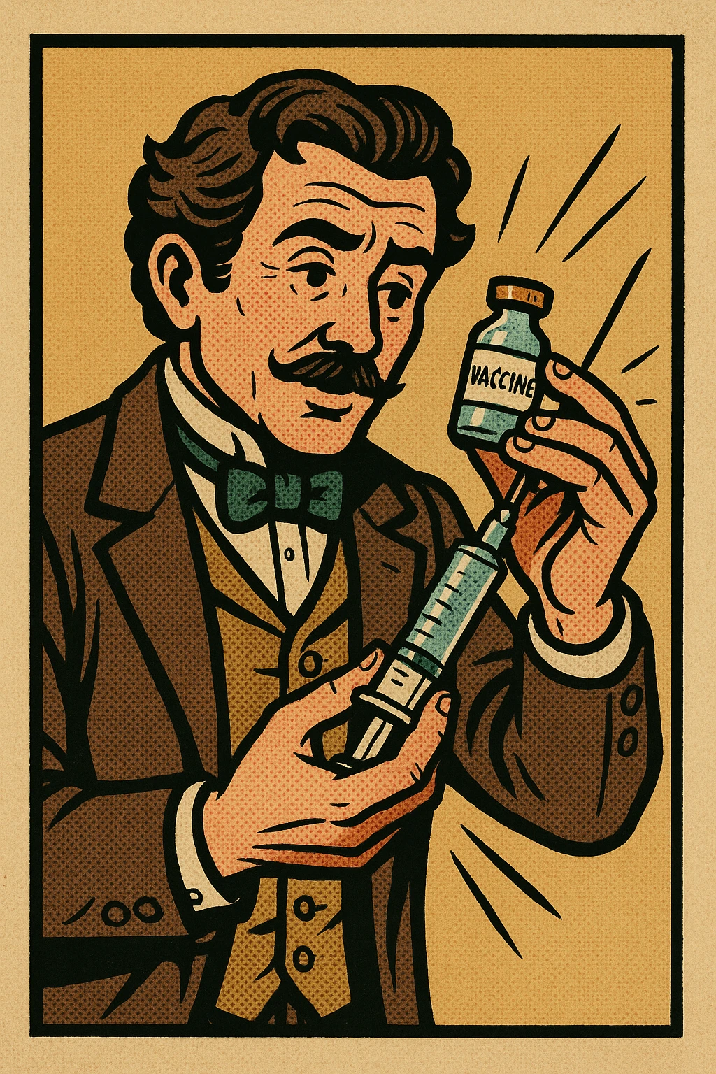 A caring looking victorian doctor holding a vaccination emoji