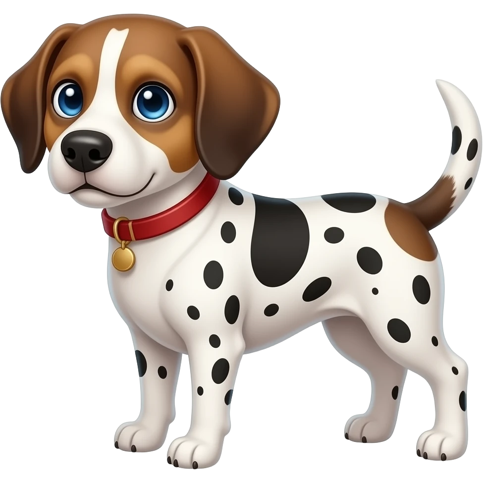 Dalmatian beagle mix dog with one blue eye and one brown emoji