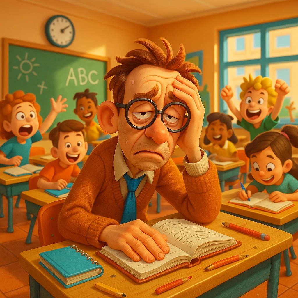 3d cartoon art of a exhausted teacher in a bustling classroom emoji