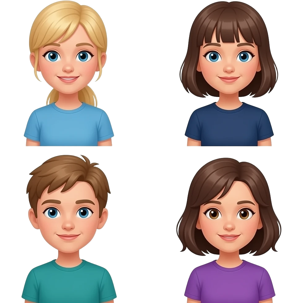 Older Girl with light blonde hair blue eyes, girl with light brown hair and ponytail with bangs and blue eyes and dark blue t-shirt, boy light brown hair blue green t-shirt, girl dark Brown shoulder length hair brown eyes purple t-shirt emoji