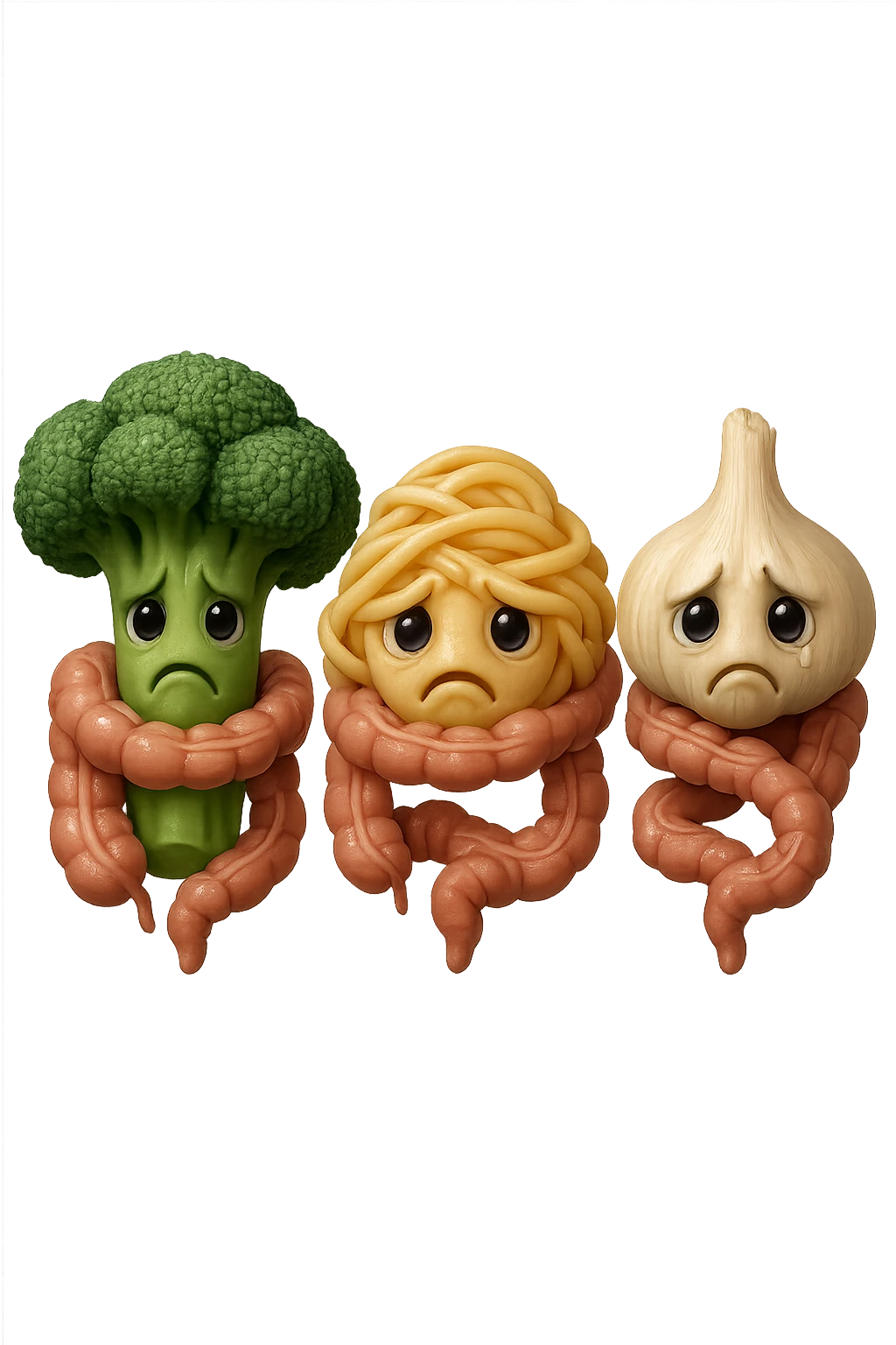 EMOJI STILE IPHONE DI broccolo, pasta, aglio con espressione triste, avvolti da pezzi di colon anatomico umano, IPERREALISTICO 4K emoji