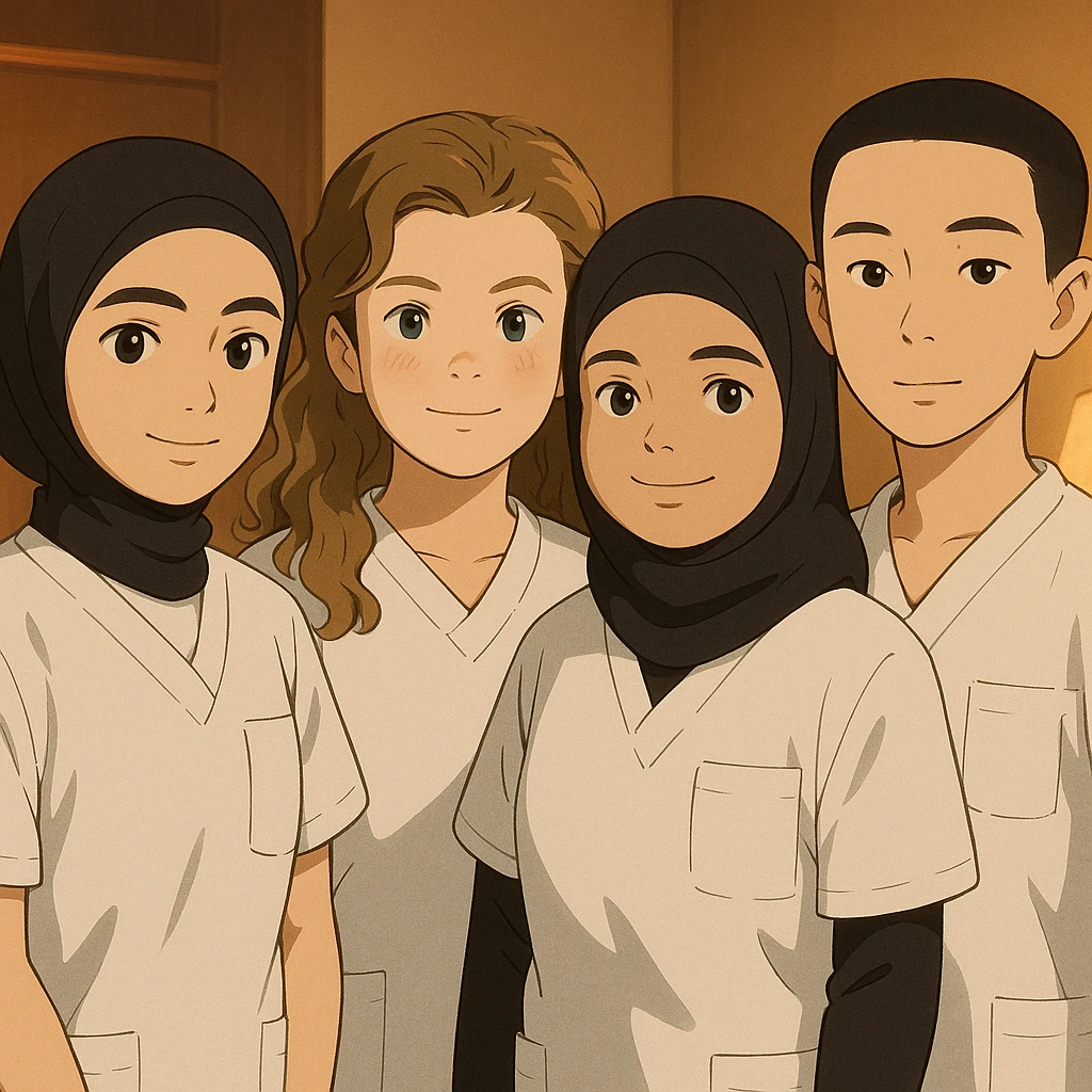 Four nursing students side by side in a warm indoor ambiance, wearing white short-sleeve uniforms without stand-up collars or hijabs under the sleeves, no stethoscopes. Tops are medical tunics with V-neck and left chest pocket. Each student has the face from the provided portraits, in Ghibli style, group composition. emoji