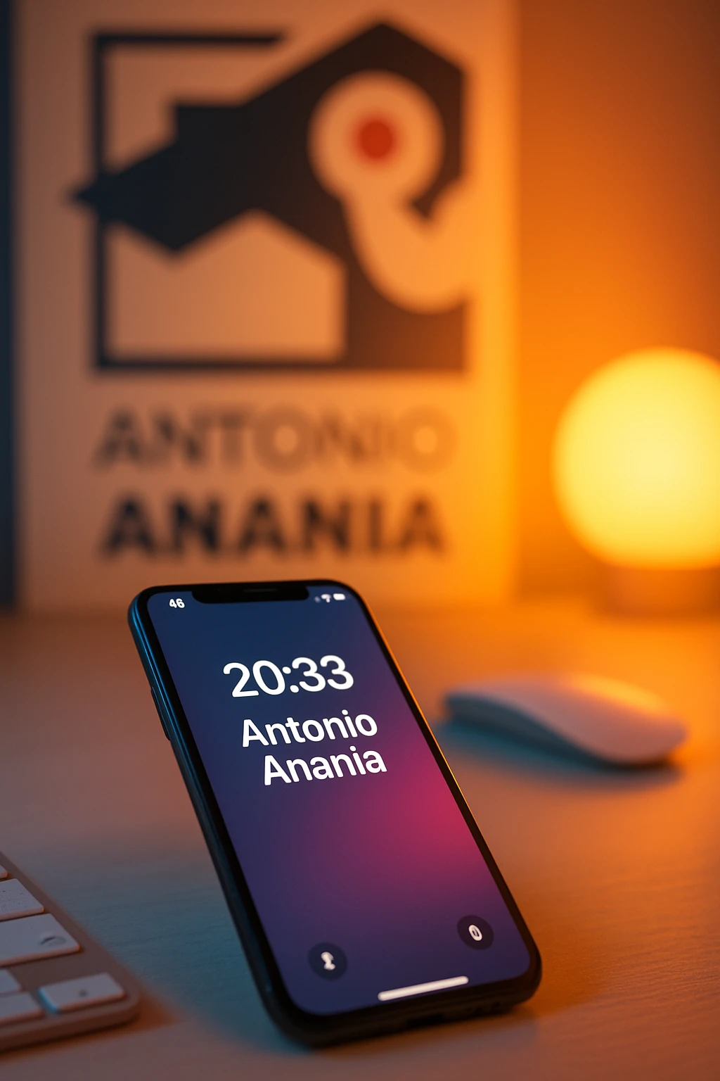 A photo of an iPhone on the desk with the message "Antonio Anania" on its screen, The phone sits atop a desk with a blurred with the logo in the background that suggests work environment. A faint glow from above casts gentle shadows across the surface of each object, creating depth and highlighting their textures emoji
