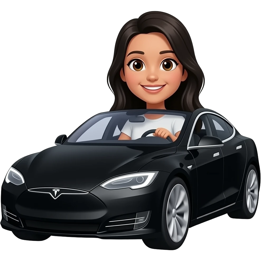 ligh medium skin tone smiling girl with long black hair and brown eyes driving black tesla fast emoji