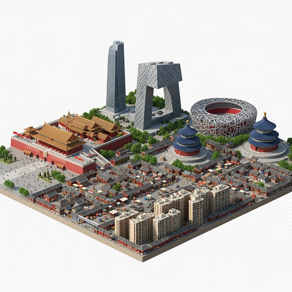 Isometric miniature of Beijing Forbidden City, Tiananmen Square, CCTV Headquarters, Temple of Heaven, Bird’s Nest Stadium and crowded hutong alleys, sprawling apartment blocks, 3D miniature effect and Tilt Shift effect, no cartoonish look, transparent background. emoji
